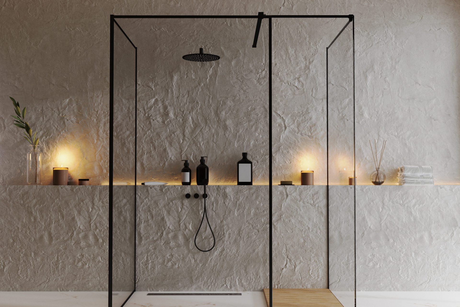 luxury bathroom with shower cabin, 3d rendering
